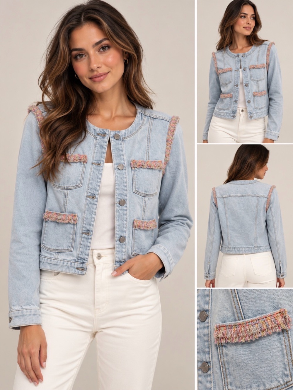 7 For All Mankind Light Wash Denim Jacket with Pink multicoloured Tweed Trim
